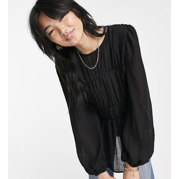 Mango MNG Black Balloon Sleeve Semi Sheer Top - Picture 7 of 8